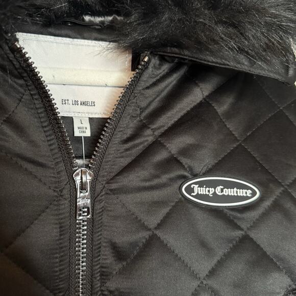 Juicy Couture Aviator Quilted Bomber Jacket Large Faux Fur Collar Y2K Glam - Picture 5 of 9